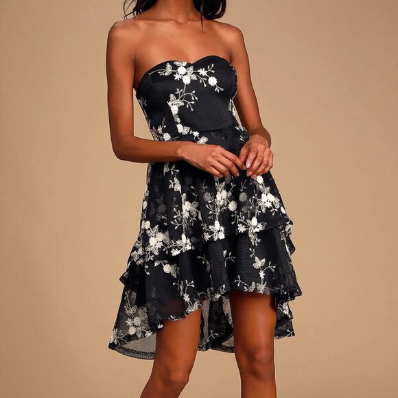 NWT Lulus How Sweet Black Embroidered Strapless Dress‎ Mesh Tiered Party Small - Picture 1 of 16